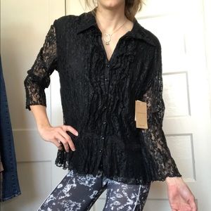 NEW Coldwater Creek Black Long-sleeved Lace Top Size Woman's Medium